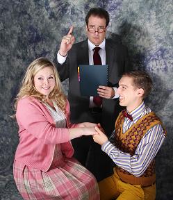 Amanda Weis (Mary Lane), Garrick Dietze (Lecturer), and Kurt Bender (Jimmy) in "Reefer Madness". Photo by Laurie Etchen.