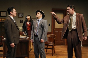Kurt Kwan (Sam Shikaze), Sara Ochs (Nancy Wing), Eric Sharp (Capt. Kadota), and Brandon Ewald (Sgt. Mackenzie). Photo by Michal Daniel, 2013.