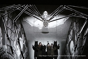 Jennifer O'Loughlin as The Queen of the Night, John Robert Lindsey as Monastatos and Tricia Van Ee, Bergen Baker and Victoria Vargas as the Three Ladies in the Minnesota Opera production of The Magic Flute. Photo by Michal Daniel.
