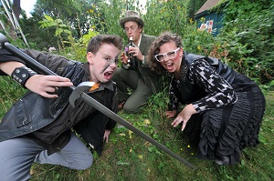Grant Schumann as Oswald, Peter Middlecamp as Sir Gawain, and Cassie McNally as Clovis. Photo by Ty Sassaman.