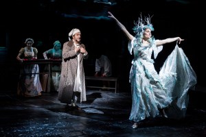 J.C. Cutler (Ebenezer Scrooge) and Tracey Maloney (Ghost of Christmas Past) in the Guthrie Theater's production of the Charles Dickens classic A Christmas Carol, adapted by Crispin Whittell and directed by Joe Chvala. Photo by Dan Norman