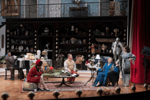  Shawn Hamilton (Oscar Wolfe), Angela Timberman (Kitty LeMoyne Dean), Bill McCallum (Herbert Dean), Elizabeth Franz (Fanny Cavendish) and Michelle O'Neill (Julie Cavendish) in the Guthrie Theater's The Royal Family. Photo by Heidi Bohnenkamp.