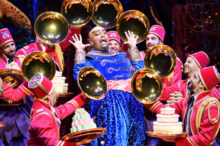 S2 Friend Like Me 2. Anthony Murphy (Genie) and Original Cast of Aladdin North American Tour. Photo by Deen van Meer